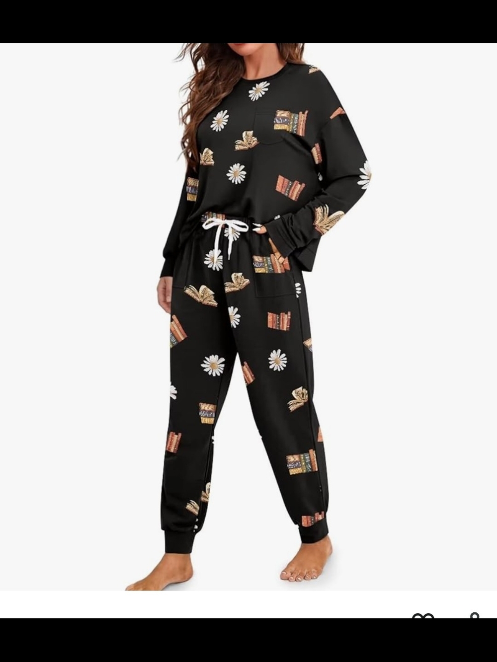 Daulesho Black Daisy Book Print 2 Piece Pajama Lounge Set Size L